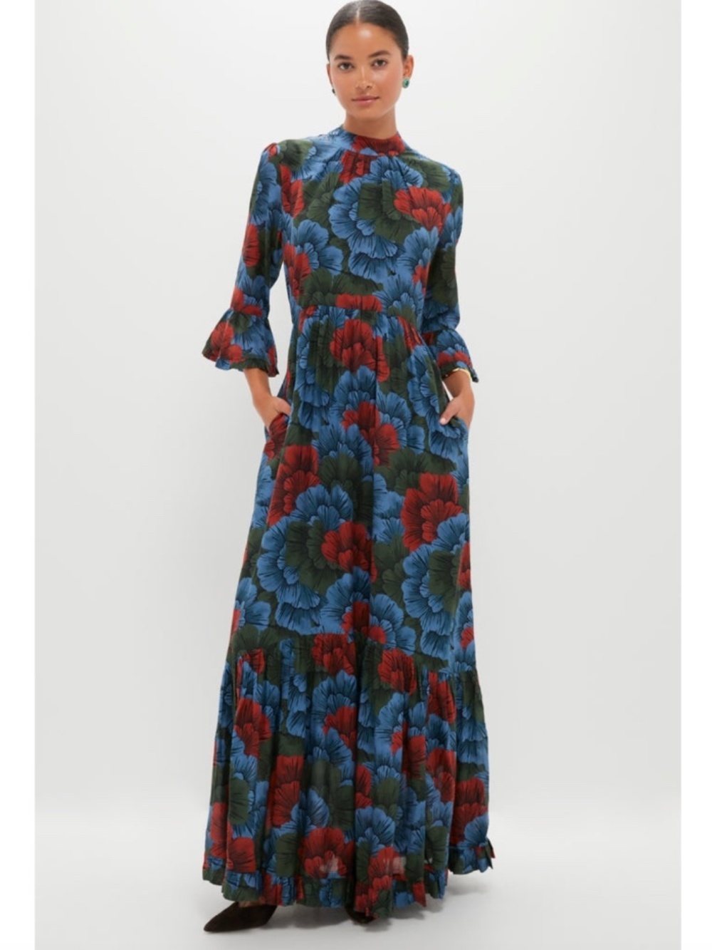 NWT - OLIPHANT Madrid Blue High Neck Bell Sleeve Maxi Dress - Madrid Blue - Sz L